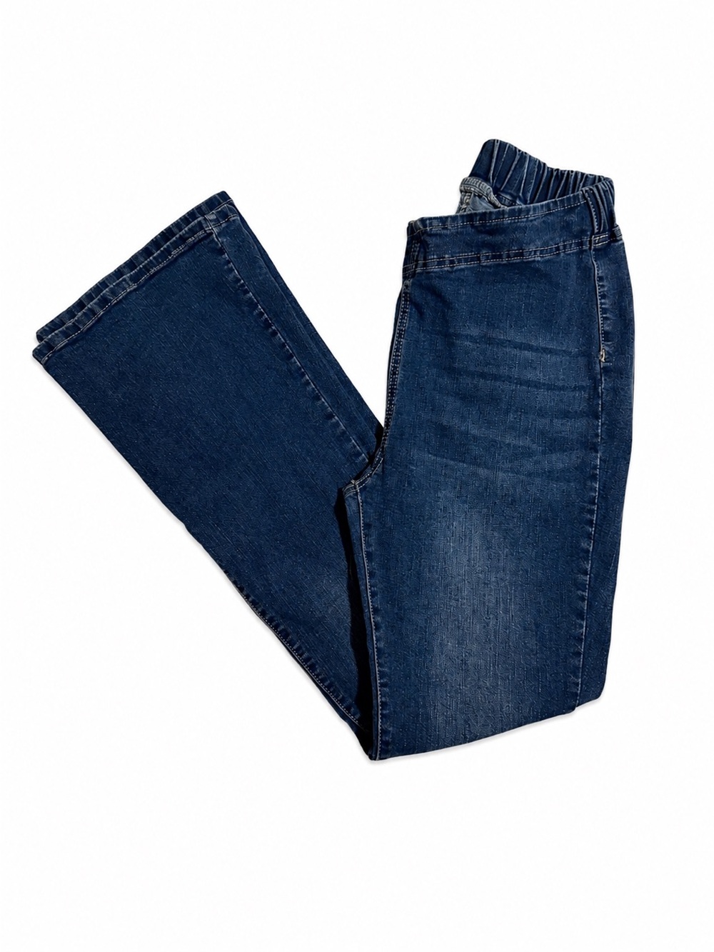 SHEIN High-waisted flare jeans in navy blue, size L. Cotton & polyester blend.